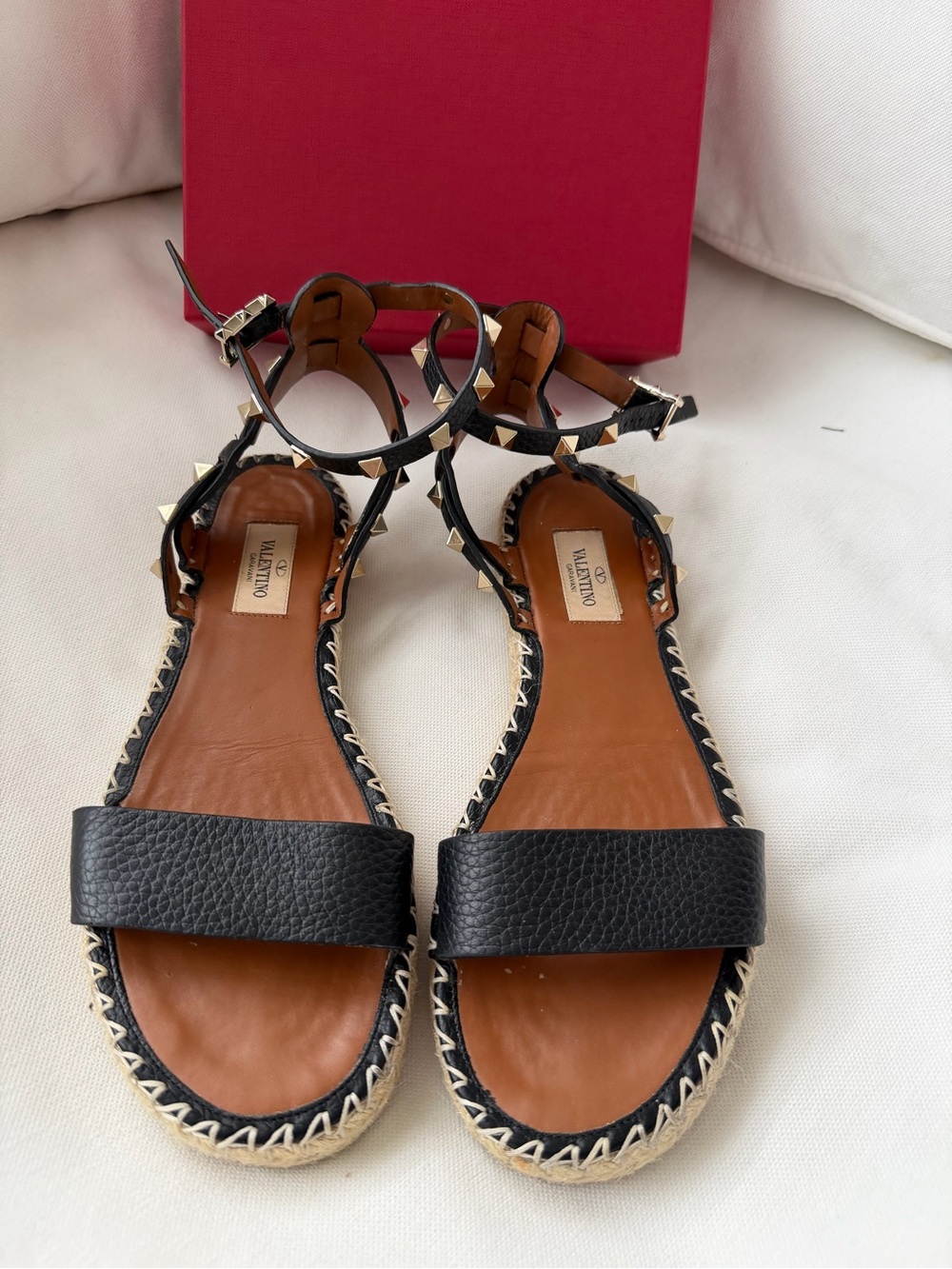 Valentino Garavani Rockstud Black Leather Espadrille Sandals Size 38